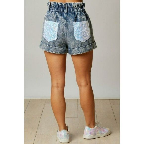 Fantastic Fawn Sequin Color Block Paper Bag Denim Shorts in Denim IFP51932-03 - Picture 5 of 6